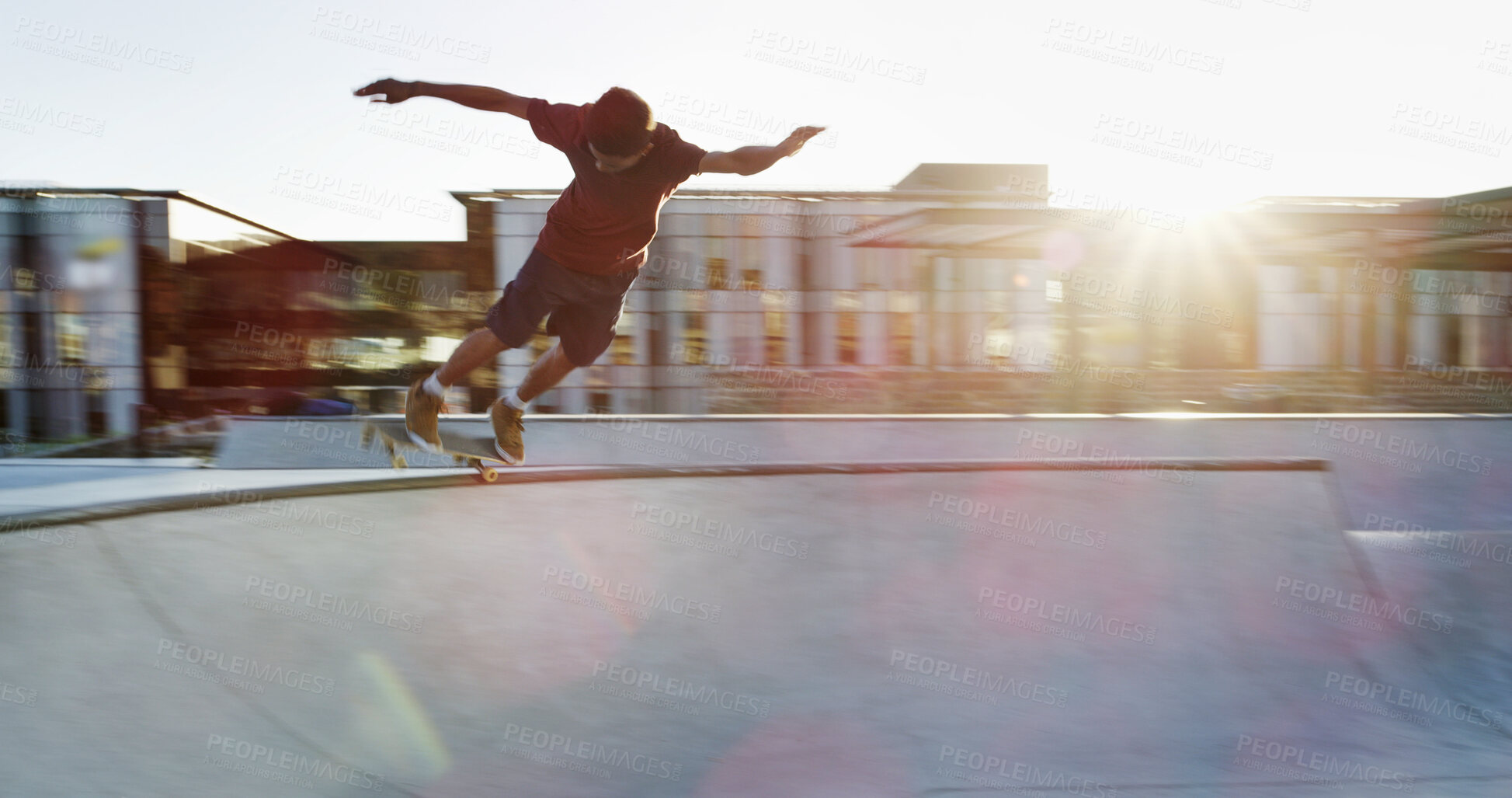 Buy stock photo Man, skateboard and skating jump at park with balance, fitness and practice action trick for sports competition. Sunshine, skater or ramp training for performance, recreation or adventure with talent