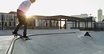 Skateboard, man and bowl in city for sport, exercise and competition challenge with energy. Outdoor, fitness and skate park for action, stunt performance or practice balance for hobby or cool trick