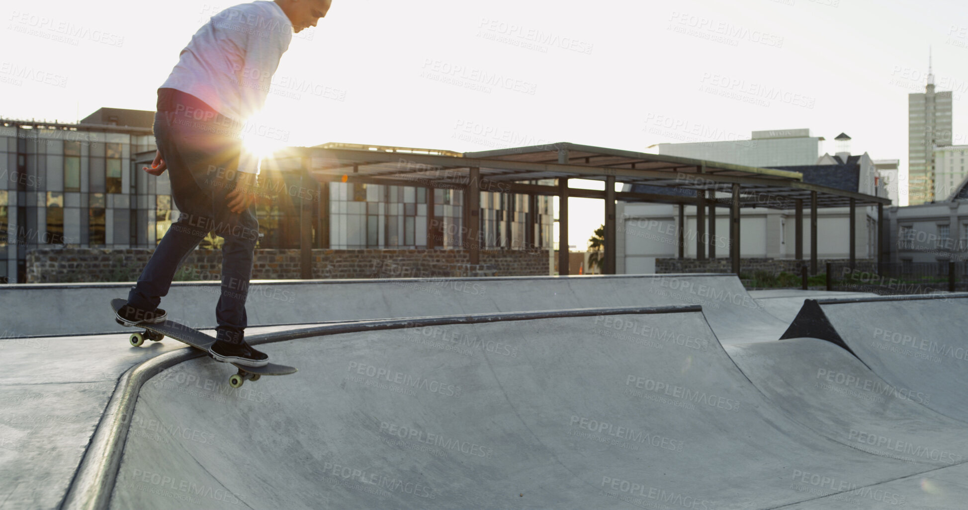 Buy stock photo Skateboard, man and bowl in city for sport, exercise and competition challenge with energy. Outdoor, fitness and skate park for action, stunt performance or practice balance for hobby or cool trick