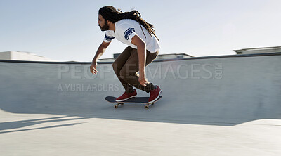 Buy stock photo Skateboard, man and bowl outdoor for sport, exercise or competition challenge with space. African person, city and skate park for action, stunt performance or practice balance for hobby or cool trick