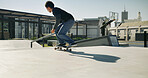 Skateboard, back and man in city for sport, competition challenge or adrenaline. Outdoor, energy and person riding at skate park for action, performance and practice balance for hobby or exercise