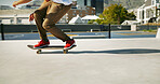 Skate park, legs and person outdoor for sport, competition challenge and adrenaline. City, energy and shoes riding on skateboard for action, performance and practice balance for hobby or exercise