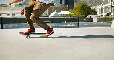 Buy stock photo Skate park, legs and person outdoor for sport, competition challenge and adrenaline. City, energy and shoes riding on skateboard for action, performance and practice balance for hobby or exercise