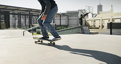 Buy stock photo Skate park, sneakers and person outdoor for sport, competition challenge and fitness. City, energy and legs riding on skateboard for action, performance and practice balance for hobby or exercise