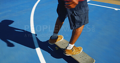 Buy stock photo Skateboard, legs and person learning trick for outdoor hobby, activity or challenge at park. Sports, shoes and feet of skater with sneakers for skating training with skills for competition in city.