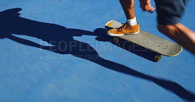 Buy stock photo Skateboard, exercise and person learning for outdoor hobby, activity or challenge at park. Sports, shoes and legs of skater with sneakers for skating training with skills for competition in city.