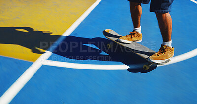 Buy stock photo Skateboard, feet and person learning skill for outdoor hobby, activity or challenge at park. Sports, gen z and legs of skater with sneakers for skating training with workout for competition.