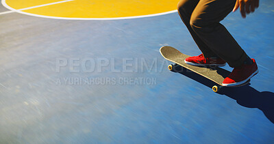 Buy stock photo Skateboard, legs and person training for trick for outdoor hobby, activity or challenge at park. Sports, gen z and feet of skater with sneakers for skating with skills learning for competition.