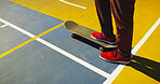 Skateboard, sneakers and person outdoor for sport, competition challenge and fitness. Skate park, legs and action with performance, practice balance and hobby for exercise on court for training