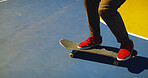 Skateboard, outdoor and person learning trick for outdoor hobby, activity or challenge at park. Feet, gen z and legs of teenager with sneakers for skating training with skills for competition.