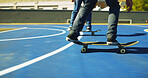 Skateboard, legs and person with friends outdoor for sport, competition challenge and fitness. Skate park, sneakers and riding for action with performance, balance and hobby for exercise on court