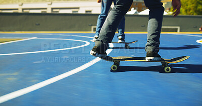 Buy stock photo Skateboard, legs and person with friends outdoor for sport, competition challenge and fitness. Skate park, sneakers and riding for action with performance, balance and hobby for exercise on court