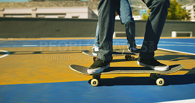 Buy stock photo Skateboard, sneakers and person with friends outdoor for sport, competition challenge and fitness. Skate park, legs and riding for action with performance, balance and hobby for exercise on court