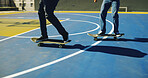 Skateboard, legs and friends outdoor for sport, competition challenge and fitness. Skate park, shoes and people riding for action with performance, practice balance and hobby for exercise on court