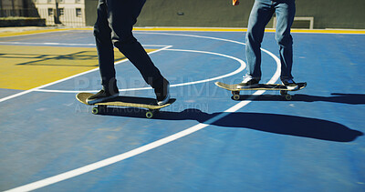 Buy stock photo Skateboard, legs and friends outdoor for sport, competition challenge and fitness. Skate park, shoes and people riding for action with performance, practice balance and hobby for exercise on court