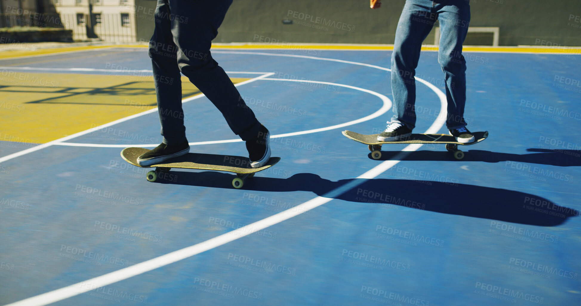 Buy stock photo Skateboard, legs and friends outdoor for sport, competition challenge and fitness. Skate park, shoes and people riding for action with performance, practice balance and hobby for exercise on court