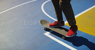 Buy stock photo Skating, feet and person learning trick for outdoor hobby, activity or challenge at park. Sports, gen z and legs of skater with sneakers for training on skateboard with skills for competition.