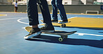 Skateboard, shoes and friends outdoor for sport, competition challenge and fitness. Skate park, legs and people riding for action with performance, practice balance and hobby for exercise on court