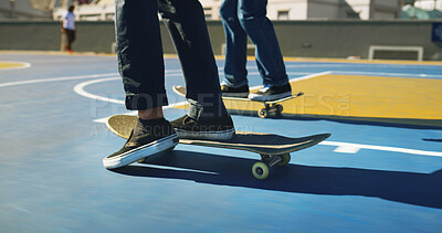 Buy stock photo Skateboard, shoes and friends outdoor for sport, competition challenge and fitness. Skate park, legs and people riding for action with performance, practice balance and hobby for exercise on court