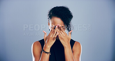 Buy stock photo Grief, woman and crying with emotions in studio for mourning loss, broken heart and bad news. Person, mockup space and sad with depression, mental health and ptsd for trauma memory on gray background
