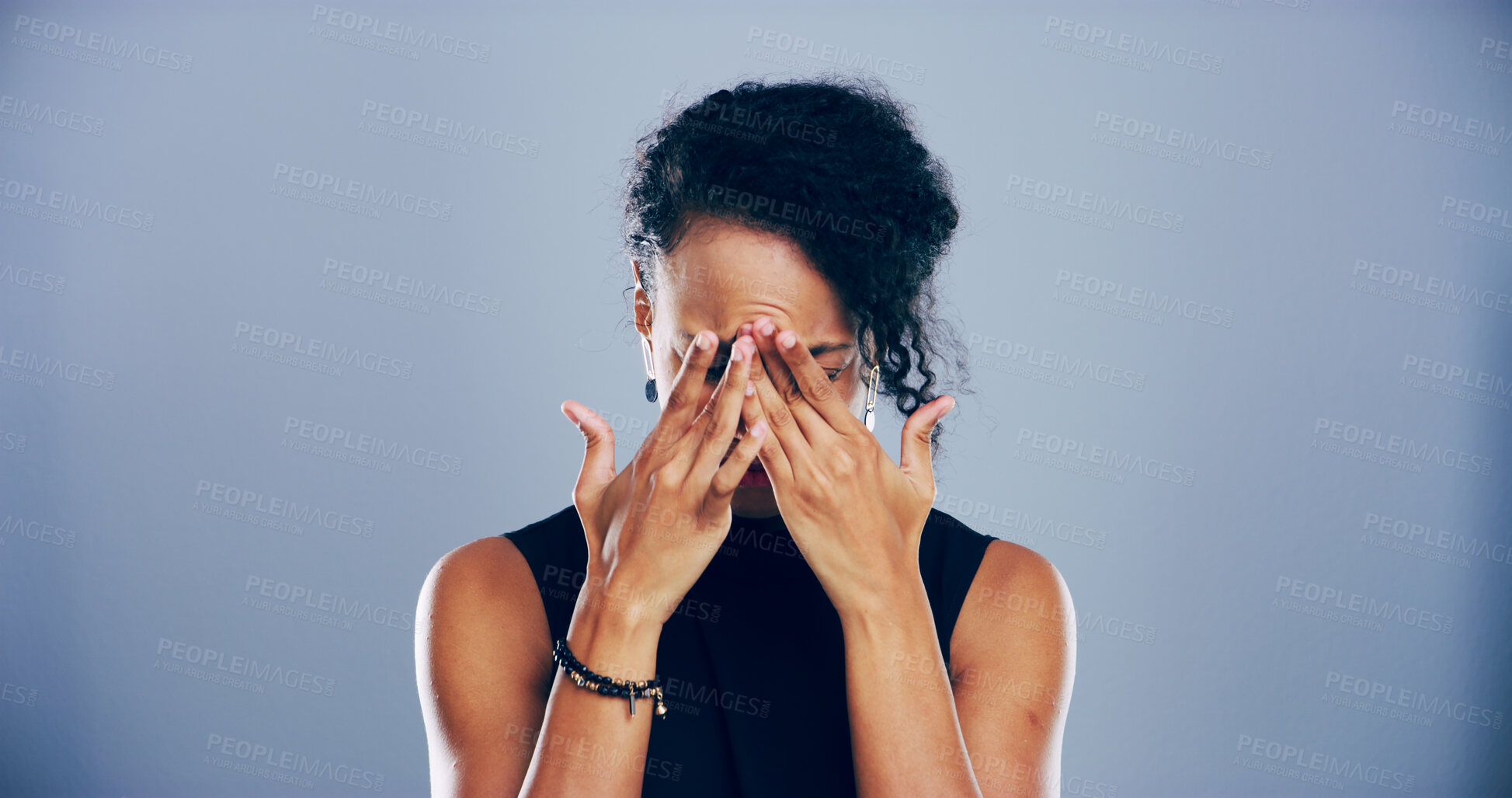 Buy stock photo Grief, woman and crying with emotions in studio for mourning loss, broken heart and bad news. Person, mockup space and sad with depression, mental health and ptsd for trauma memory on gray background