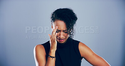Buy stock photo Sad, business woman and crying with headache or stress for loss, bankruptcy or debt on a studio background. Female person, model or employee with migraine or anxiety for mistake, deadline or strain