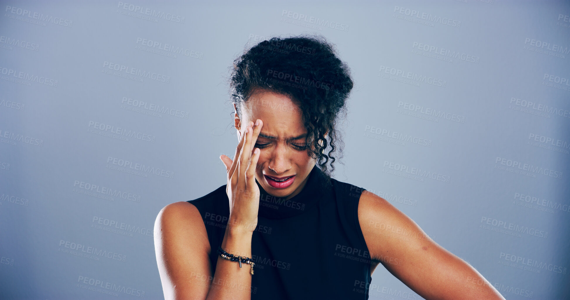 Buy stock photo Sad, business woman and crying with headache or stress for loss, bankruptcy or debt on a studio background. Female person, model or employee with migraine or anxiety for mistake, deadline or strain