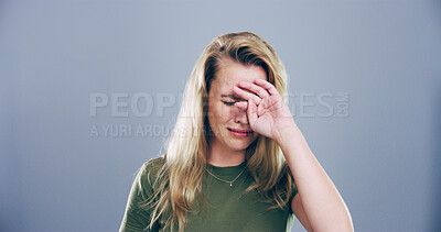 Buy stock photo Sad woman, crying or expression with mental breakdown for grief or loss on a studio background. Female person, model or heartbreak with sulk, tears or emotional damage in pain or sorrow for mourning