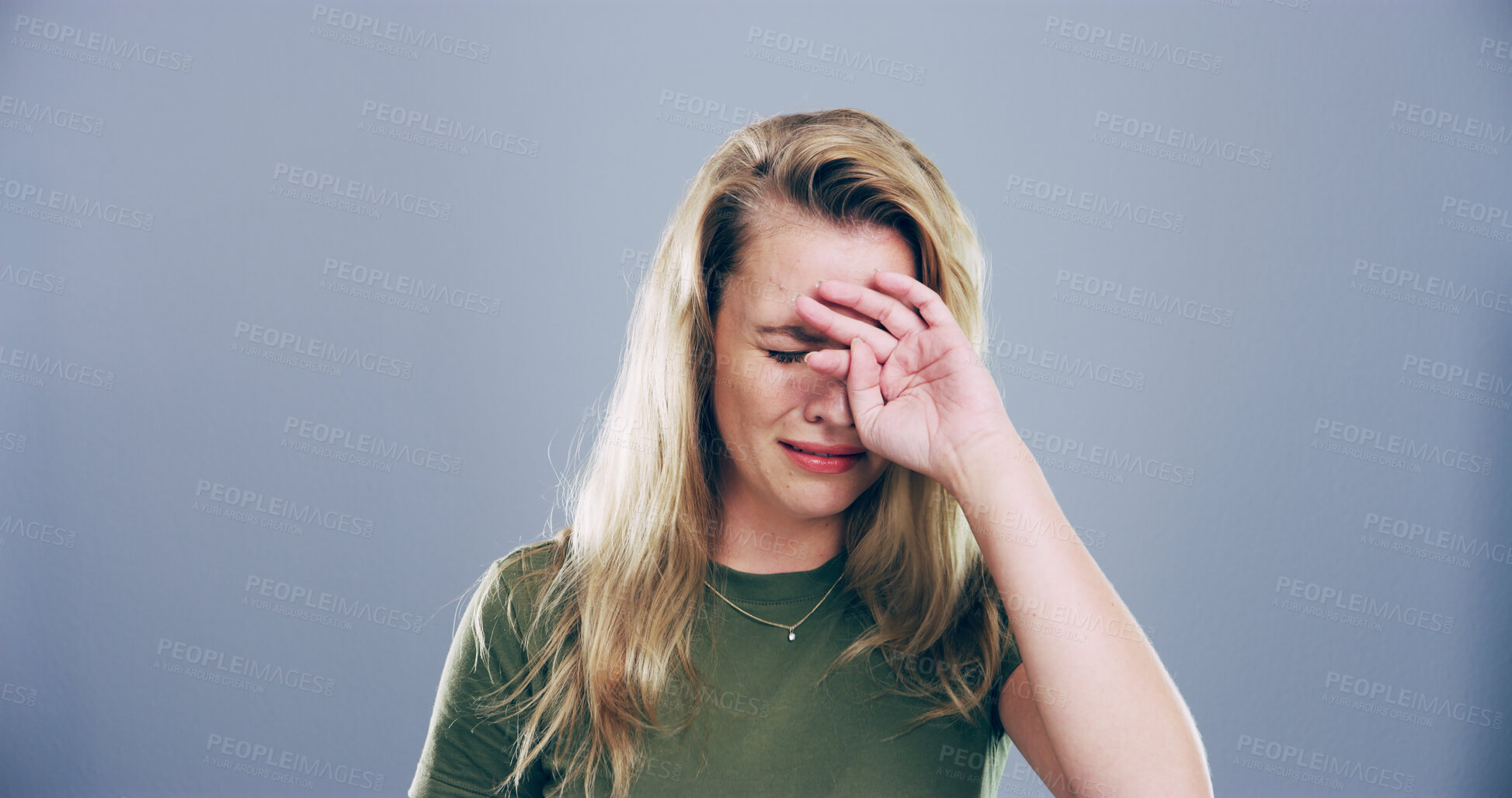 Buy stock photo Sad woman, crying or expression with mental breakdown for grief or loss on a studio background. Female person, model or heartbreak with sulk, tears or emotional damage in pain or sorrow for mourning