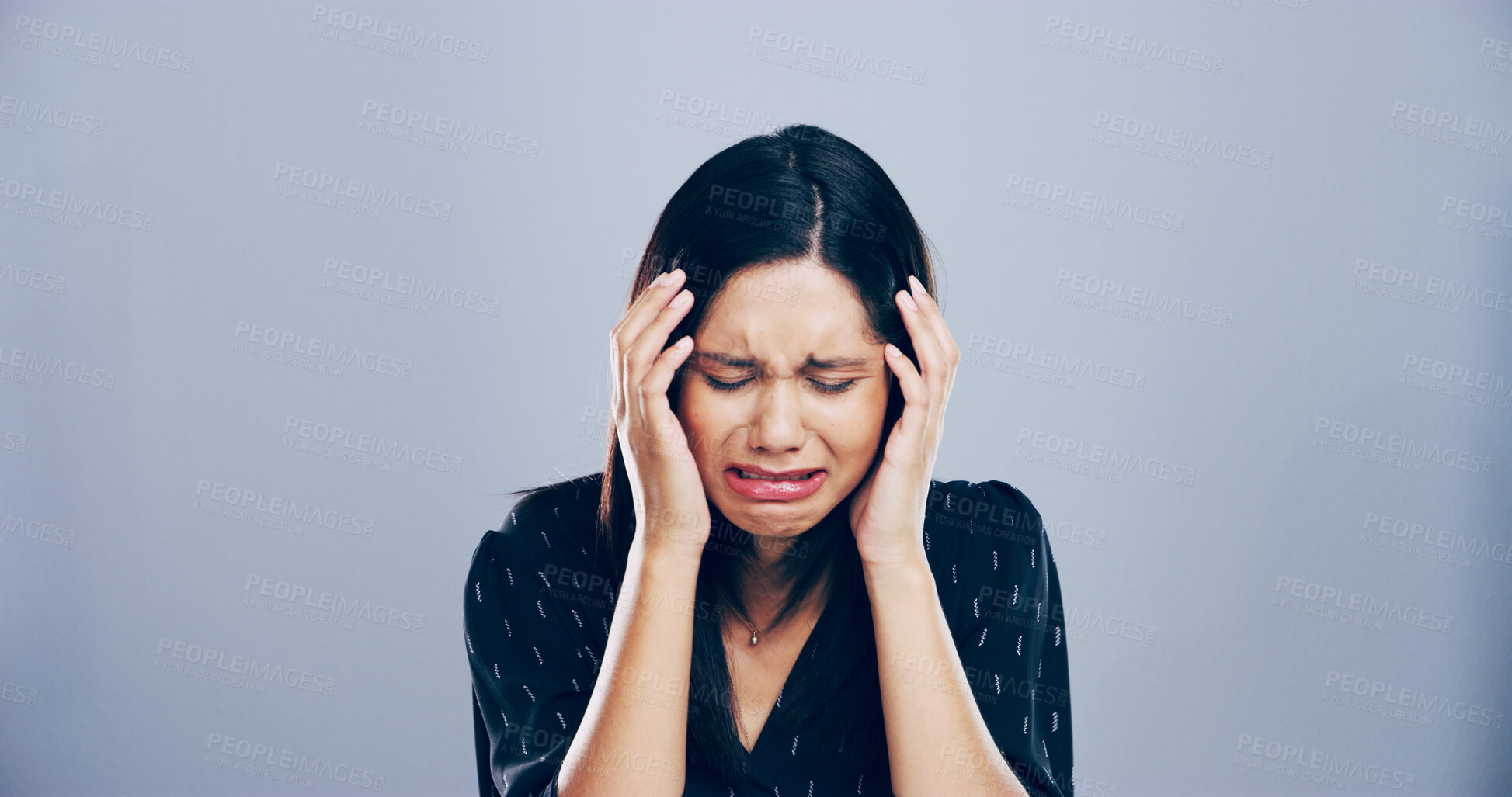 Buy stock photo Sad woman, crying and expression with grief for loss, breakup or mental breakdown on a studio background. Female person, model or heartbroken with sulk, tears emotional damage in sorrow for mourning