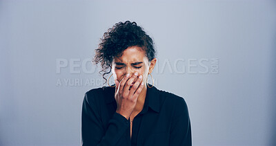 Buy stock photo Sad woman, crying and grief with breakup for loss, mental breakdown or trauma on a studio background. Female person, model or heartbroken with sulk, tears or expression in sorrow for mourning or pain