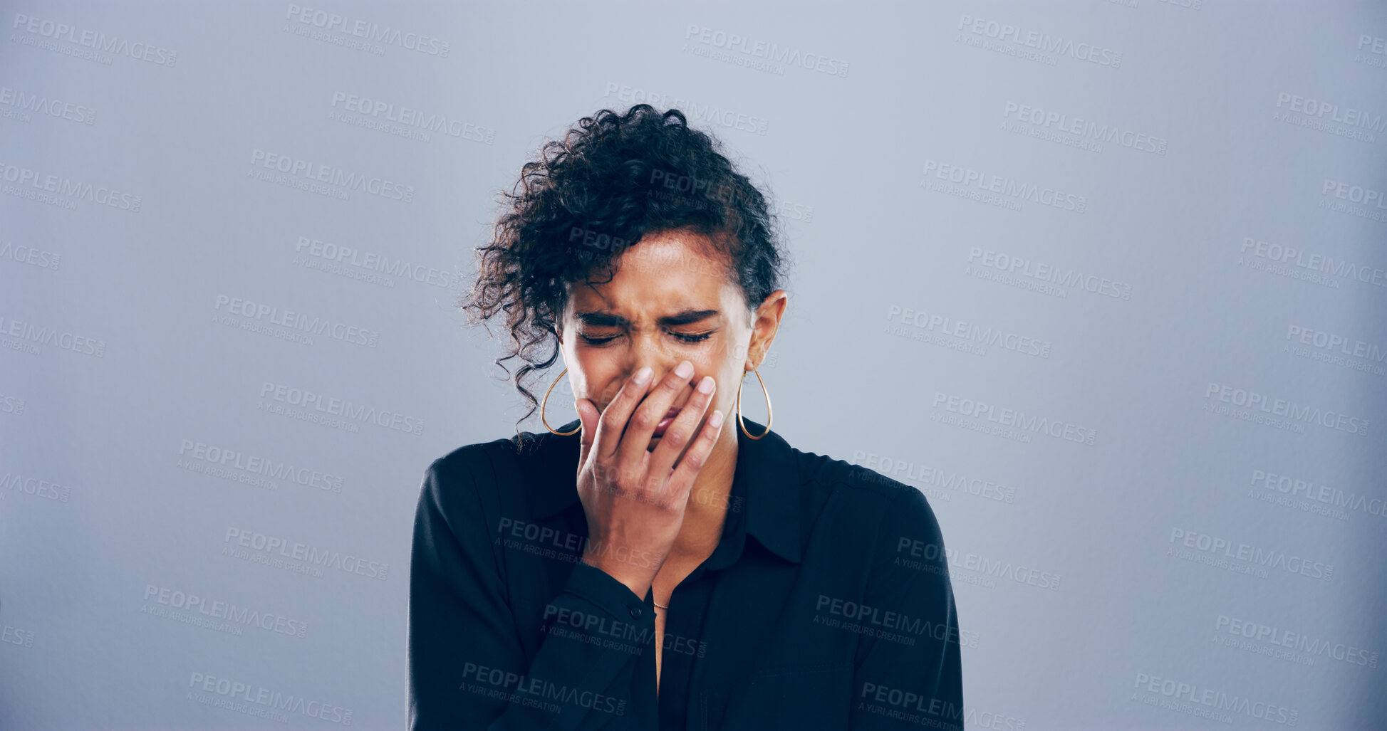 Buy stock photo Sad woman, crying and grief with breakup for loss, mental breakdown or trauma on a studio background. Female person, model or heartbroken with sulk, tears or expression in sorrow for mourning or pain