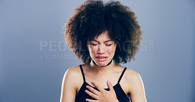 Buy stock photo Crying, sad and woman with depression, studio and emotional reaction on blue background. Person, model and girl with mockup space, stress and grief with loss, mourning and broken heart with death