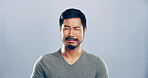 Sad,  Asian man and crying emotions in studio for mourning loss, broken heart and bad news. Person, mockup space and grief with depression, mental health and ptsd for trauma memory on gray background