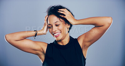 Buy stock photo Dance, energy and smile of happy woman in studio for celebration, clubbing or party fun. Event, moving and music with excited dancer person on gray background space for beat, choreography or rhythm
