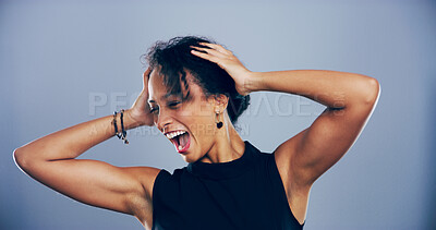 Buy stock photo Dance, energy and shouting with happy woman in studio for celebration, clubbing or party fun. Crazy, moving and music with excited dancer person on gray background space for choreography or rhythm