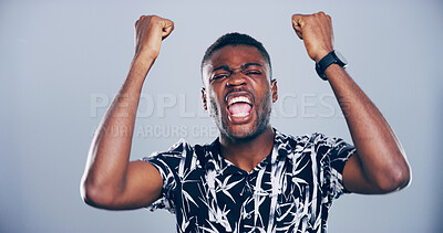 Buy stock photo Black man, cheers and excited with fist pump for success, happiness and energy for opportunity, promotion or win. Portrait, winner and screaming for achievement, reward or bonus on studio background