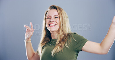 Buy stock photo Dance, energy and portrait of happy woman in studio for celebration, clubbing or party fun. Moving, music and smile of excited dancer person on gray background for beat, choreography or rhythm