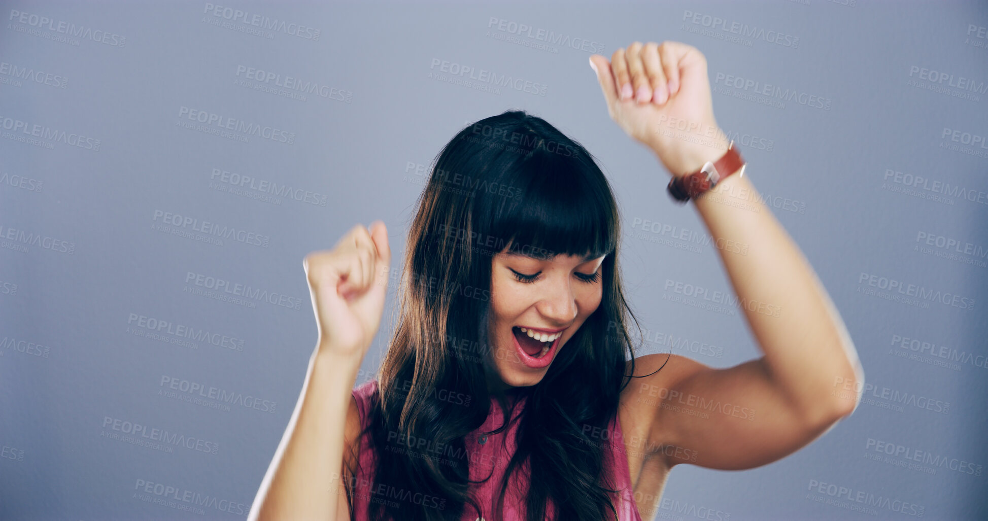 Buy stock photo Dance, energy and music with happy woman in studio for celebration, clubbing or party fun. Disco, moving and smile of excited dancer person on gray background space for beat, choreography or rhythm