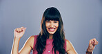 Dance, music and portrait of happy woman in studio for celebration, clubbing or party fun. Energy, moving and smile of excited dancer person on gray background mockup for beat, choreography or rhythm