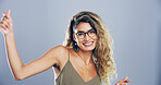 Dance, glasses and portrait of happy woman in studio for celebration, clubbing or party fun. Music, smile and vision with excited dancer person on gray background mockup for choreography or rhythm