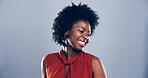 Business, smile and woman in studio, relax and excited for career growth for journalist, space and newsroom. Gray background, laughing and opportunity for black person with joy, creative and mockup