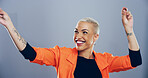 Dance, energy and thinking with happy woman in studio for celebration, clubbing or party fun. idea, music and smile of excited dancer person on gray background mockup for beat, choreography or rhythm