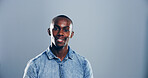 Space, designer or portrait of black man in studio with confidence, mockup or fashion. Entrepreneur, proud or face of happy male person isolated on grey background with denim shirt or creative career