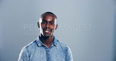 Buy stock photo Space, designer or portrait of black man in studio with confidence, mockup or fashion. Entrepreneur, proud or face of happy male person isolated on grey background with denim shirt or creative career