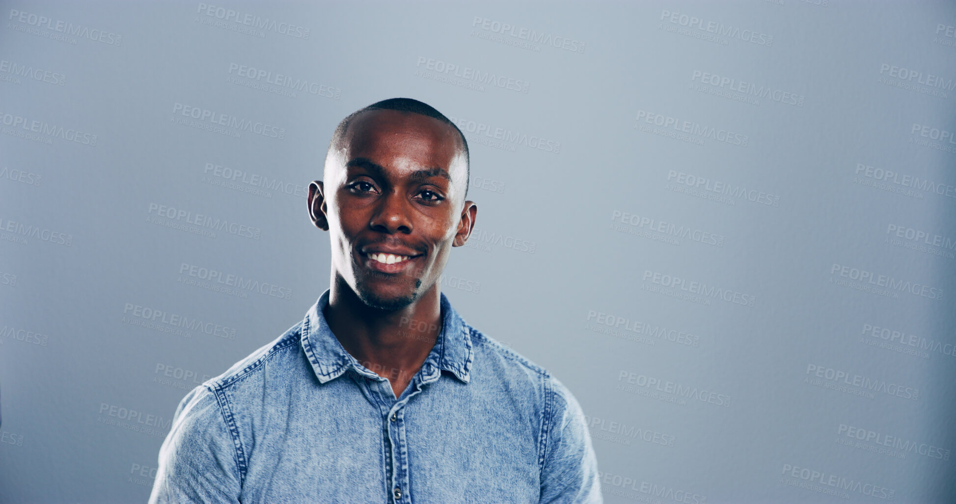 Buy stock photo Space, designer or portrait of black man in studio with confidence, mockup or fashion. Entrepreneur, proud or face of happy male person isolated on grey background with denim shirt or creative career