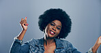 Afro, dance and portrait of black woman in studio for celebration, clubbing or party fun. Energy, music and smile of happy dancer person on gray background mockup for beat, choreography or rhythm