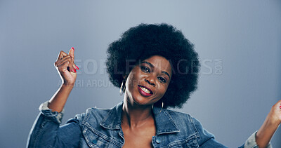 Buy stock photo Afro, dance and portrait of black woman in studio for celebration, clubbing or party fun. Energy, music and smile with happy dancer person on gray background for beat, choreography or rhythm