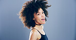 Fun, creative and portrait of woman in studio with mockup space, confidence and performance student. Dancer, artist or gen z girl on gray background with edgy style, opportunity and happy face