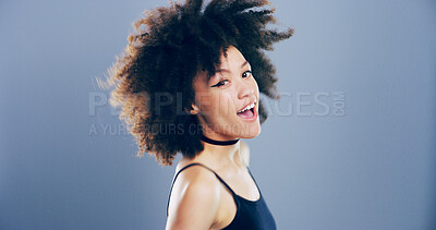 Buy stock photo Fun, creative and portrait of woman in studio with mockup space, confidence and performance student. Dancer, artist or gen z girl on gray background with edgy style, opportunity and happy face